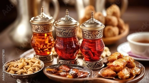 Fototapeta Colorful array of traditional Middle Eastern treats and tea