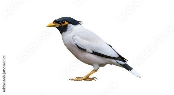 Fototapeta Black collared starling bird standing on a white background with vivid details, for wildlife and nature themes.