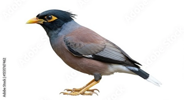 Fototapeta Myna bird, also known as starling, standing in profile on a white background. Isolated animal concept for ornithology.