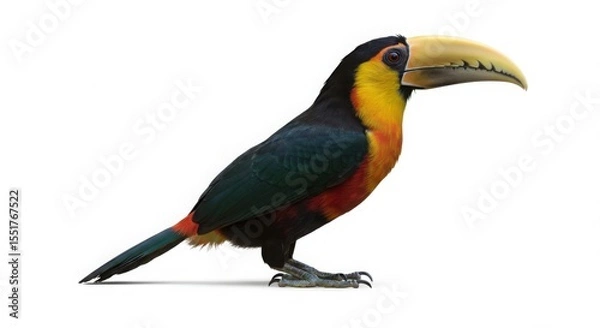 Fototapeta Colorful toucan perching on white background. Tropical bird with vibrant feathers and large beak. Exotic wildlife concept.