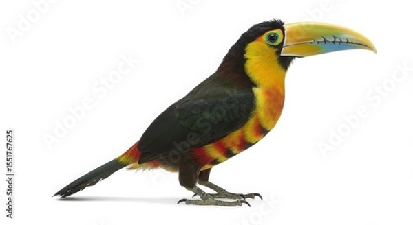 Fototapeta An exotic toucan bird with a colorful beak and plumage standing isolated on a white background, representing tropical wildlife.