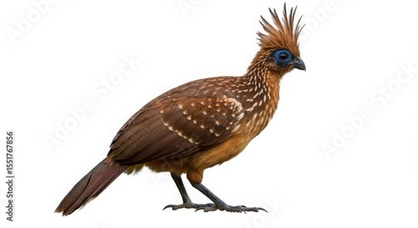 Fototapeta Hoatzin bird, also known as the stink bird, isolated on white background. Exotic tropical animal for wildlife education and nature study.