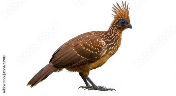 Fototapeta Side view of a hoatzin bird, a brown tropical bird with a crest on a white background. Wildlife and aviary concept.