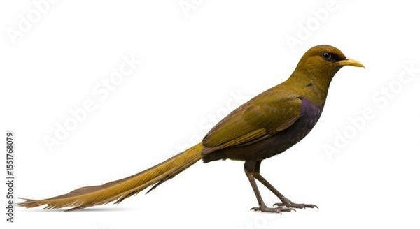 Fototapeta A bird with long feathers and brown plumage is standing on a white background. Fauna and nature concept image for animal education.