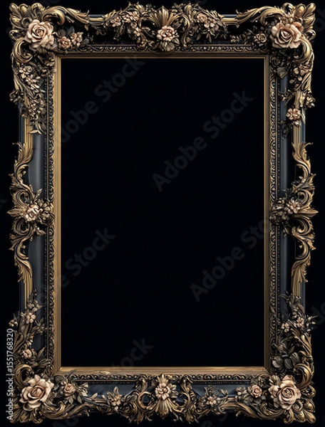 Fototapeta 3D render of an empty ornate picture frame, Rococo style, black background, roses and vines, gold accents, symmetrical design, ultra-realistic