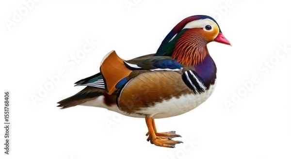 Fototapeta Colorful mandarin duck bird isolated on a white background, representing the beauty of wild waterfowl and vibrant wildlife.