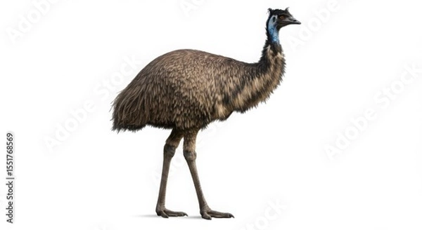 Fototapeta Full body portrait of an emu isolated on white background. Flightless bird from Australia. Wildlife animal concept for zoology or education.