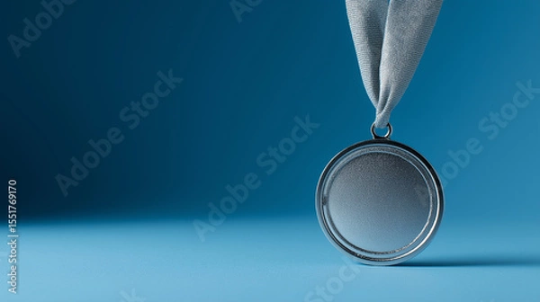 Fototapeta Silver Medal with Ribbon on Blue Gradient Background, Second Place Award Symbol, Achievement Recognition with Copy Space, Minimalist Competition Prize, Professional Sports Honor