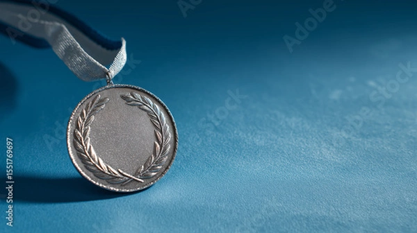 Fototapeta Silver Medal with Ribbon on Blue Gradient Background, Second Place Award Symbol, Achievement Recognition with Copy Space, Minimalist Competition Prize, Professional Sports Honor
