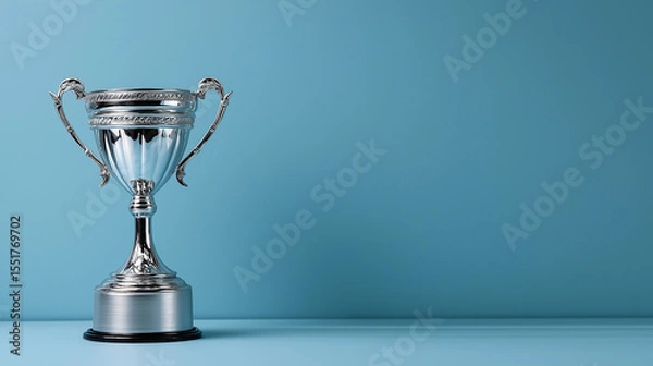 Fototapeta Silver Trophy Cup on Blue Background with Copy Space, Elegant Championship Award, Professional Competition Prize, Business Achievement Symbol, Minimalist Success Recognition