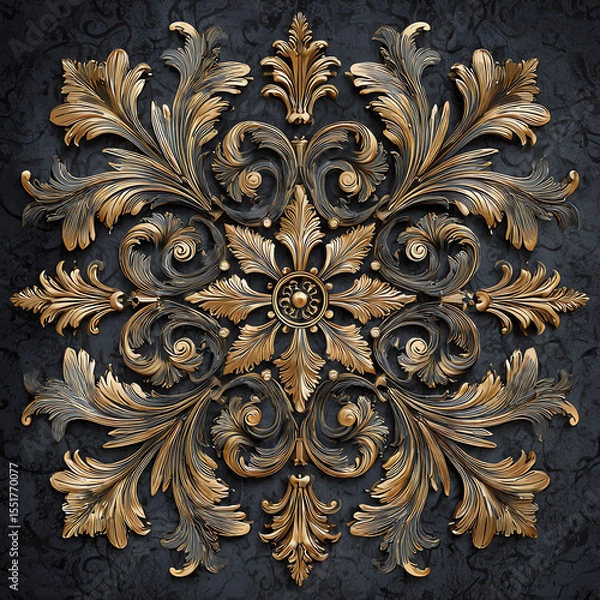 Fototapeta 3D render of an acanthus ornament in the shape of a star, symmetrical design, masterpiece quality, dark background with gold accents.