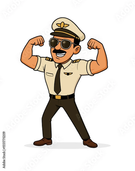 Fototapeta Happy airline pilot in beige uniform and sunglasses flexing muscles in a victory pose. Use for aviation career, leadership, aircrew success, travel safety, captain confidence