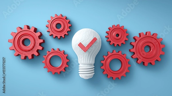 Fototapeta Business Process Optimization Concept, Light Bulb with Checkmark and Red Gears, Workflow Efficiency and Productivity Visualization, Innovative Solution for Streamlined Operations