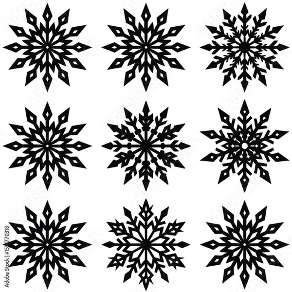 Fototapeta Collection of nine distinct black snowflake icons on a clean white background