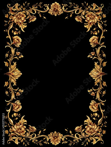 Fototapeta A golden floral frame on a black background, in a vintage style, with a detailed design featuring ornate elements.