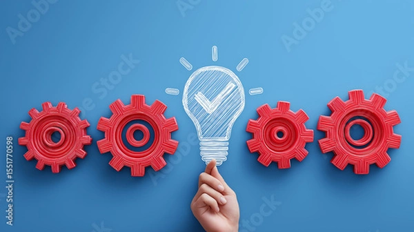 Fototapeta Business Process Optimization Concept, Light Bulb with Checkmark and Red Gears, Workflow Efficiency and Productivity Visualization, Innovative Solution for Streamlined Operations