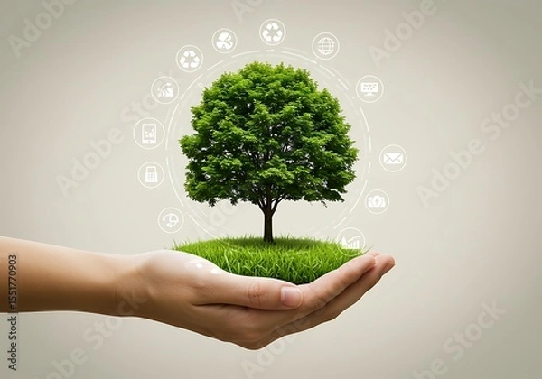 Fototapeta Hand holding a tree symbolizing environmental conservation and sustainability