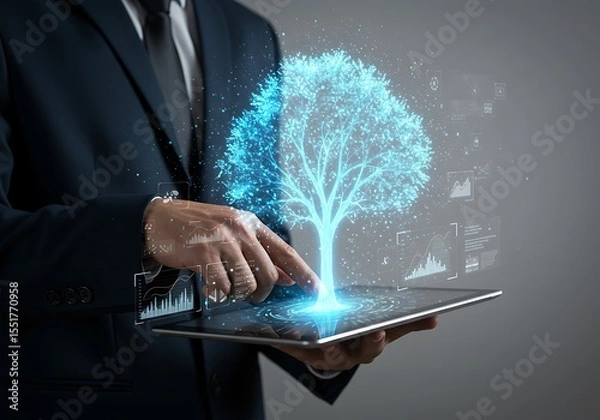 Fototapeta Businessman interacts with digital tree on tablet representing growth