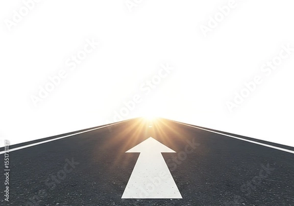 Fototapeta Arrow points forward on asphalt road isolated on white background