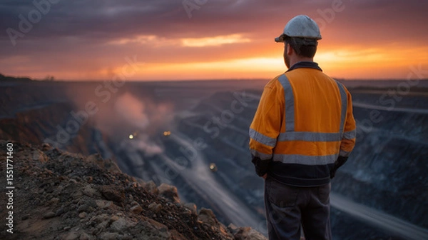 Fototapeta Against the dramatic backdrop of a vast, terraced open-pit coal mine at golden hour Generative AI	
