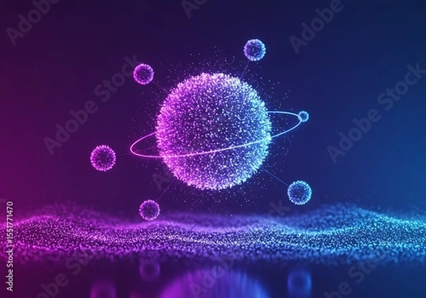 Fototapeta Abstract atom model with glowing particles and orbits