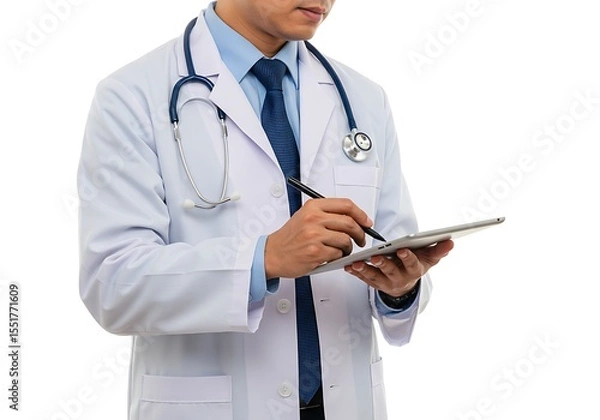 Fototapeta Doctor in white coat writing on a tablet isolated on white background