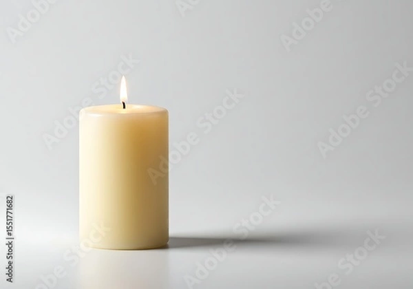 Fototapeta Lit candle with a bright flame isolated on a white background