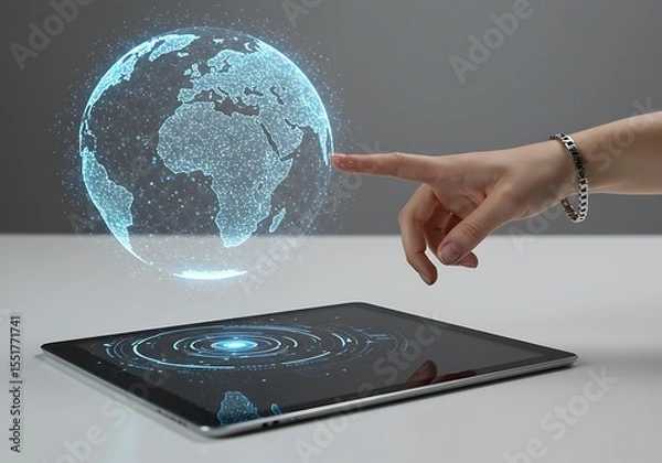 Fototapeta Finger touching digital globe hologram on tablet screen technology