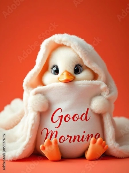 Obraz Cute duckling wrapped in a blanket holding a good morning sign on an orange background studio shot