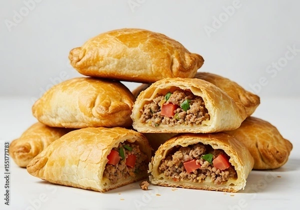 Fototapeta Stack of savory meat filled empanadas with golden baked crusts