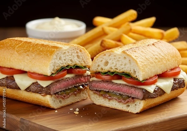 Fototapeta Steak sandwich with cheese tomato and lettuce served with french fries