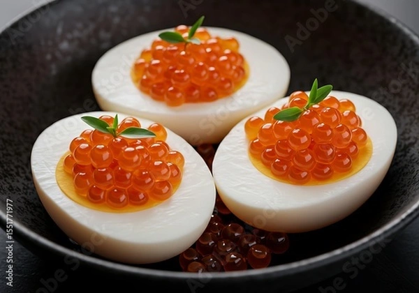 Fototapeta Hard boiled eggs topped with salmon caviar in a bowl