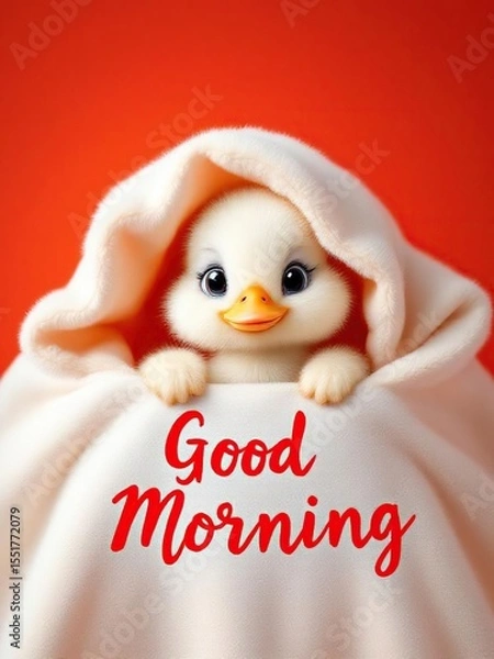 Obraz A cute duckling wrapped in a white blanket with a red background and good morning text overlayed image