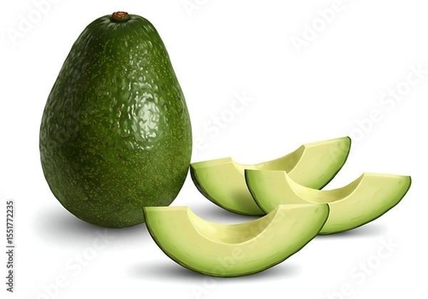 Fototapeta Whole avocado and slices isolated on white background in a studio shot