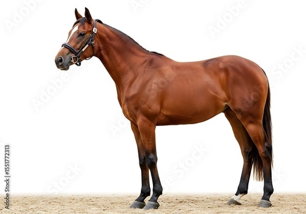 Fototapeta Brown horse standing isolated on white background in a studio shot