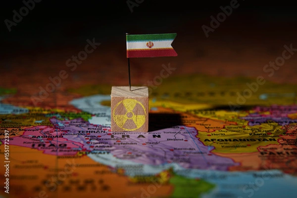 Fototapeta Iran flag pin on map with nuclear symbol block, representing nuclear issue or global tension.