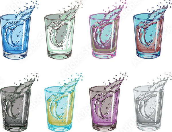 Fototapeta Collection of Abstract Water Splashes in Various Colored Glasses