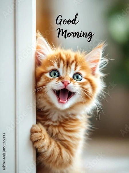 Obraz Orange kitten with green eyes peeking around a white door with good morning text above it smiling