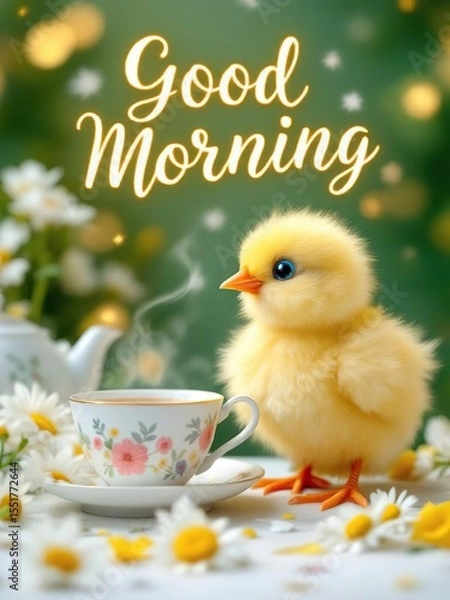 Obraz A fluffy chick with a teacup and daisies with good morning text in a dreamy background