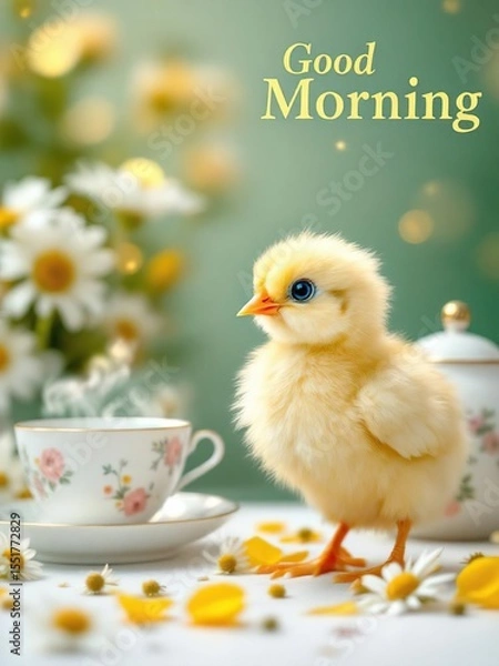 Obraz A fluffy yellow chick stands near a teacup and daisies with a good morning message in the background