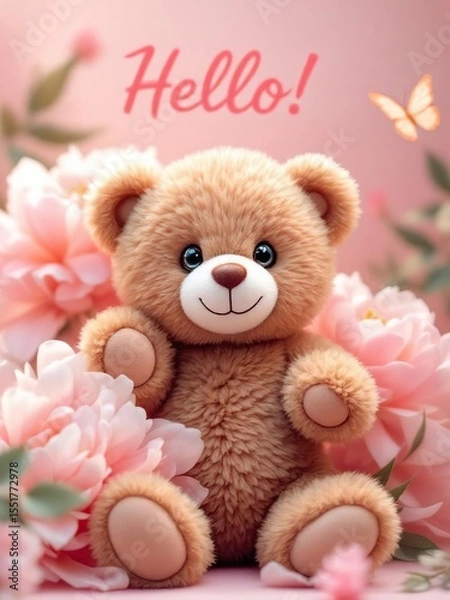 Obraz Teddy bear surrounded by pink flowers with a butterfly and the word hello in pink text above it