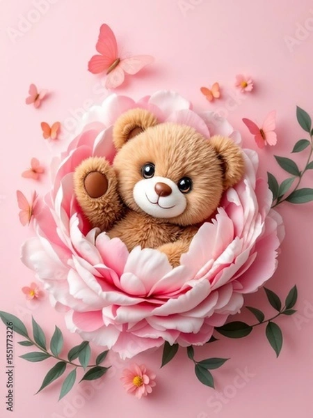 Obraz A teddy bear sitting inside a pink flower surrounded by butterflies on a pink background art