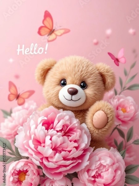 Obraz A teddy bear surrounded by pink peonies and butterflies against a pink background with hello text