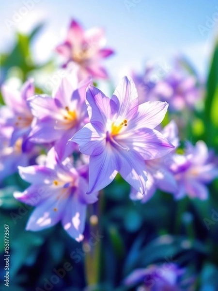 Obraz Close up shot of a cluster of purple flowers with yellow centers and green leaves against a blue sky