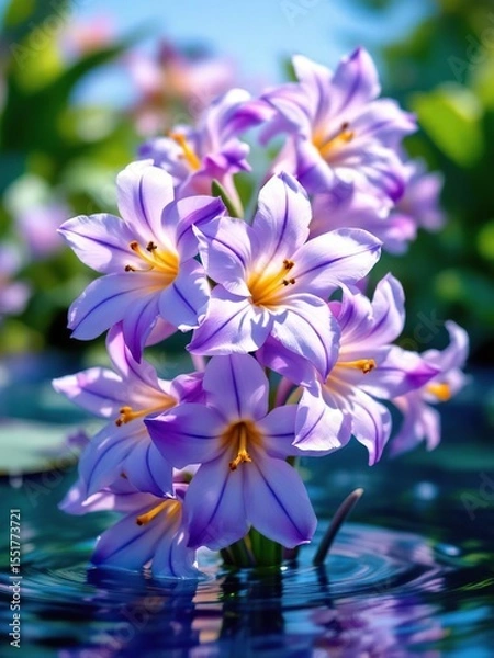 Obraz Close up of purple flowers with yellow centers reflected in water on a bright and sunny day outdoors