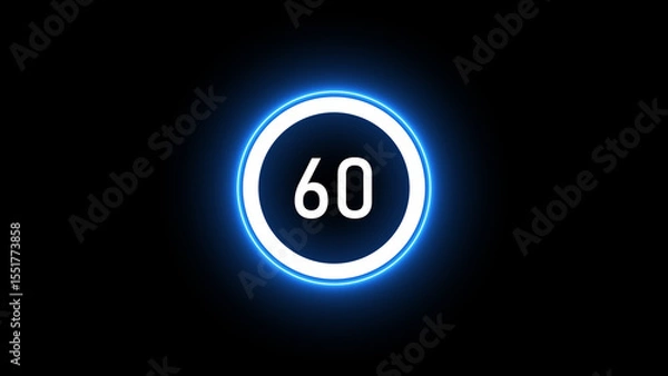 Fototapeta Real time 60 seconds countdown clock neon isolated on black background