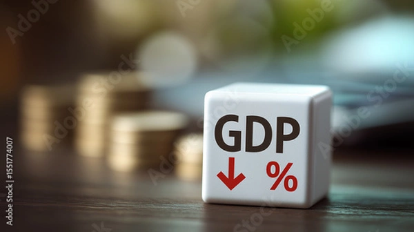 Fototapeta GDP Decline Concept with White Cube and Downward Arrow, Economic Recession Indicator, Gross Domestic Product Decrease Visualization, Financial Market Downturn Symbol