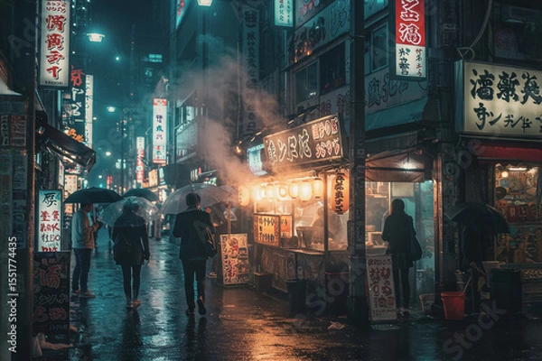 Obraz Night market in a bustling city filled with food stalls and people walking under umbrellas during a rainy evening. Generative AI
