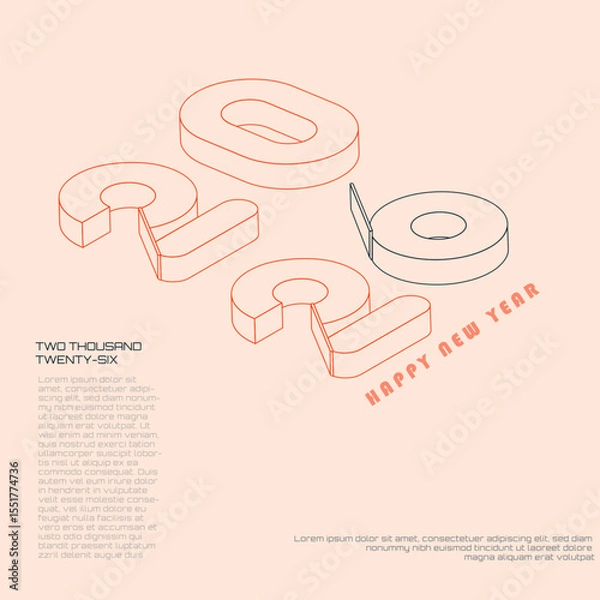 Fototapeta creative concept of 2026 happy new year design in 3d style with simple color, happy new year 2026 template design for greeting card, calendar, poster, cover, banner etc