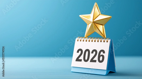 Fototapeta 2026 Excellence and Achievement Goals Concept, Golden Star Trophy with Calendar, New Year Success Planning Visualization, Award-Winning Performance Objectives on Blue Background